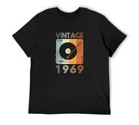 BI BI MIAO Vintage 1969 Retro Record Player Birthday Unisex 100% Cotton Short-Sleeve T-Shirts Black M