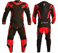 BI ESSE Kit: traje de moto divisible de viaje de piel y tejido (chaqueta y pantalones) con protecciones completas, guantes, botas, negro / rojo, XXL