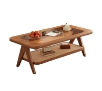 BiaBuiMM Mesa de Centro Rectangular con Superficie de Vidrio y Estante de Dos Niveles, Mesa Auxiliar de Ratán para Salón, Dormitorio u Oficina(Brown,47.2in/120cm)