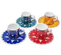 Bialetti Juego de 4 tazas de café y platillos a juego de colores con diseño de ositos Joyful Memories de cerámica 70 ml lavables