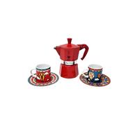 Bialetti Juego Winter Wonderland Cafetera Moka Express roja 3 tazas 130 ml completo de dos tazas y dos platos