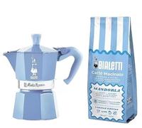 Bialetti Moka Express - Juego de cafetera de aluminio para 3 tazas de color turquesa con café molido y almendra, 250 g, sabor a almendra