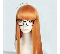 Biamoxer P5 90cm Persona 5 Futaba Sakura Pelucas de Cosplay Larga Recta Naranja Resistente al calor Anime Cosplay Peluca de talla única con gafas