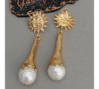BIANMTSW 12x38MM White Nucleated Baroque Pearl Pearl Yellow Gold color Edge Stud Earrings