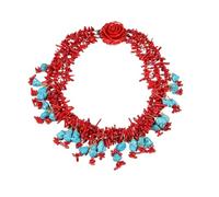 BIANMTSW 18'' 3 Rows Red Coral Chips Beads Blue Pendant Necklace Gifts For Women