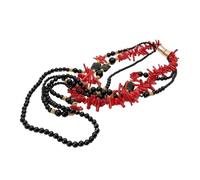 BIANMTSW 18'' 3 Rows Red Coral Chips Round rectangle Black statement Necklace