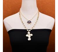 BIANMTSW 2 Rows White Pearl Rosary Chain Cubic Zirconia Chain Necklace Charm Coin Pearl Crucifix Pendant