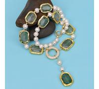 BIANMTSW 20'' Cultured White Round Pearl Gold Edge Plated Green Strawberry Quartz Necklace Pendant Clasp