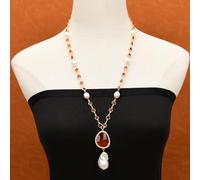 BIANMTSW 26'' Cultured White Rice Pearl Red Crystal Chain Necklace Orange Cat eye Baroque Pearl Pendant