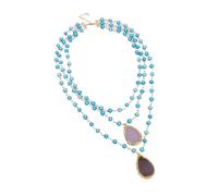 BIANMTSW 3 Rows Freshwater Blue Potato Chain Necklace White Quartz Water-drop Crystal Pendant Women Party Gifts