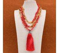 BIANMTSW 3 Rows Red Agate Red Coral Gems Necklace White Pearl Pendant For Women