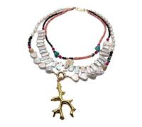 BIANMTSW 3 Strands multi shape Freshwater Pearl Jade Agate Necklace Resin Golden Coral Pendant 19"