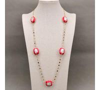 BIANMTSW 32'' Rectangle Shaped White Keshi Pearl Red Enamel Glaze Colorful Zirconia Paved Chain Long Necklace