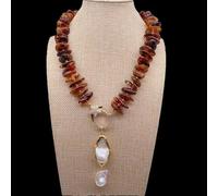 BIANMTSW Cultured 20x35mm White Baroque Pearl Pendant Amber Necklace