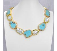BIANMTSW Cultured White Keshi Pearl Blue Slice Gold Edge Plated Necklace 20" Lady Jewelry
