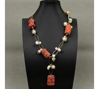 BIANMTSW Freshwater Cultured White Keshi Pearl Red Coral Nugget Necklace 21"