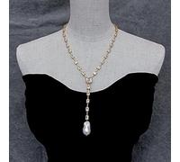 BIANMTSW Rectangle Cut Clear Cubic Zirconia 14x24mm Cultured White Keshi Pearl Women Wedding Party Necklace Jewelry