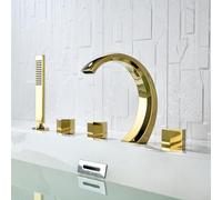 BiaoTeng Grifo 5 Agujeros Sobre Bañera con Cascada agua Fría y Caliente LatonGrifo de Bañera con Ducha de Mano Oro