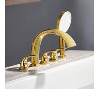 BiaoTeng Grifo 5 Agujeros Sobre Bañera en Cascada Giratorio de 360° agua Fría y Caliente LatonGrifo de Bañera con Ducha de Mano Oro