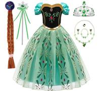 bibeikele Disfraz de princesa para niñas, disfraz de Anna con corona, varita y peluca, collar, 5-6 años (FCF60-130)