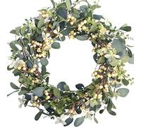Bibelot Corona Artificial de eucalipto de Hojas Verdes, Corona de Bayas para Primavera, Verano, Puerta Delantera, Ventana, decoración de Fiesta (20 Pulgadas)