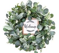 Bibelot Corona de eucalipto artificial verde para puerta delantera, corona de primavera y verano de 18 pulgadas con letrero de bienvenida para decoración interior y exterior, festival, porche, granja