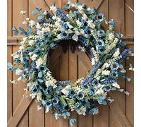 Bibelot Corona de Primavera de 20 Pulgadas, Color Azul con Hojas Verdes, Margaritas, Granos Artificiales, Flor Blanca para Corona de Puerta Delantera, decoración de casa de Campo para Interiores y