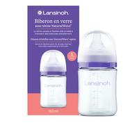 Biberón de Cristal para leche materna de Lansinoh con tetina NaturalWave de flujo lento. Ecológico y cuida el medioambiente. Evita la confusión de la tetina con el pezón. 4 biberones de 160 ml