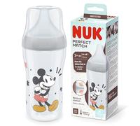 Biberón Perfect Match de NUK |+3 meses | Se adapta al paladar del bebé | Control de temperatura | Ventilación anticólico | 260 ml | Sin BPA | Tetina de silicona mediana | Mickey Mouse de Disney, gris