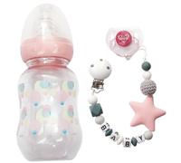 Biberones para muñecas, 3 piezas de accesorios para muñecas, juego de accesorios de plástico para bebés con biberón, chupete y cadena de chupete, regalo de bricolaje para fomentar las habilidades de
