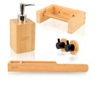 Biberty Accesorios baño Madera bambú, 5 Piezas con y sin Taladro dispensador de jabón, toalleros baño Madera, portarrollos Papel higienico Adhesivo, Colgador baño Adhesivo y dispensador jabón baño