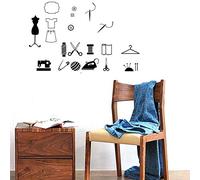 BIBITIME Tailor Shop - Calcomanía de pared modelo de máquina de coser, aguja de hierro, tijeras, botón, calcomanía de vinilo para ropa, ropa, tienda de costura, escaparate (negro, 11.8 x 23.6