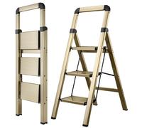 BIBKOKE Escalera Plegable de Aluminio con Acabado de Grano de Madera, 3 escalones, Pedal Ancho, Antideslizante, portátil, Resistente para el hogar y la Cocina, Oficina, 330 Libras