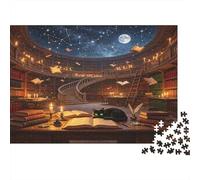 Biblioteca Fantástica Gato Negro Puzzle de 1000 Piezas Papel para Adultos Noche Estrellada Ambiente Mágico Relajante Decoración Hogar 70x50cm/1000pcs
