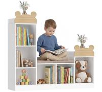 Bibliothèque Estantería Rincón Lectura 3-in-1 121x30x106cm Blanco | Unidad almacenamiento infantil con 6 compartimentos, 2 estantes abiertos y cojín, para dormitorio/juegos