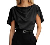 BIBOKAOKE Blusa de manga corta para mujer con cuello de cowl drapeado - Camisa fluida con aberturas laterales en los hombros | Top de negocios moderno para oficina y cena, Estilo#h02 Negro, XL