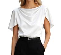 BIBOKAOKE Blusa de manga corta para mujer con cuello de cowl drapeado - Camisa fluida con aberturas laterales en los hombros | Top de negocios moderno para oficina y cena, Style#h03 Blanco, XL