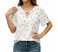 BIBOKAOKE Blusa para mujer, diseño de lunares, manga corta, elegante, de gasa, con lazo, túnica informal, de verano, con mangas abullonadas, cómoda, holgada, moderna, Style#m03 White, L