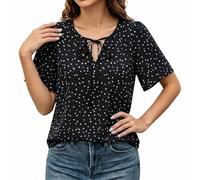 BIBOKAOKE Blusa para mujer, diseño de lunares, manga corta, elegante, de gasa, con lazo, túnica informal, de verano, con mangas abullonadas, cómoda, holgada, moderna, Estilo#m01 Negro, S