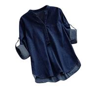 BIBOKAOKE Blusa vaquera para mujer con cuello alto - Top largo suelto con botones y bolsillo en el pecho | Dobladillo irregular y mangas enrolladas para un aspecto informal de moda, Style#r02 Blue, M