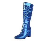 BIBOKAOKE Botas de mujer de piel sintética brillante - Botas altas de jinete con tacón de bloque | Botas de vaquero llamativas para fiestas, eventos nocturnos y trajes glamurosos, Estilo X01 Azul, 40