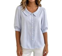 BIBOKAOKE Camisa a rayas para mujer, cuello Peter Pan, mangas abullonadas, blusa casual, blusa elegante, moda de verano, para oficina y vacaciones, Estilo#o02 Azul, L
