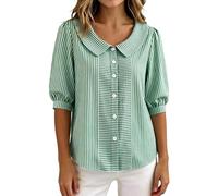 BIBOKAOKE Camisa a rayas para mujer, cuello Peter Pan, mangas abullonadas, blusa casual, blusa elegante, moda de verano, para oficina y vacaciones, Estilo#o04 Verde, M
