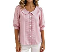 BIBOKAOKE Camisa a rayas para mujer, cuello Peter Pan, mangas abullonadas, blusa casual, blusa elegante, moda de verano, para oficina y vacaciones, Estilo#o05 Rojo, S