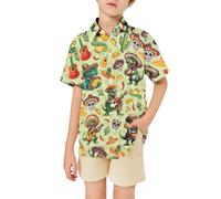 BIBOKAOKE Camisa de manga corta para niño con estampado de dinosaurios coloridos, camisa estampada con botones, camiseta de ocio moderna para verano y vacaciones