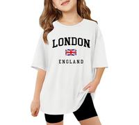 BIBOKAOKE Camiseta de manga corta para niña con inscripción "London" y bandera del Reino Unido - Parte superior de gran tamaño con mangas de hombro y cuello redondo | Camiseta informal informal para
