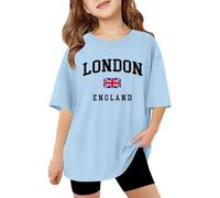 BIBOKAOKE Camiseta de manga corta para niña con inscripción "London" y bandera del Reino Unido - Parte superior de gran tamaño con mangas de hombro y cuello redondo | Camiseta informal informal para