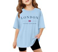 BIBOKAOKE Camiseta de manga corta para niña con inscripción "London" y bandera del Reino Unido - Parte superior de gran tamaño con mangas de hombro y cuello redondo | Camiseta informal informal para