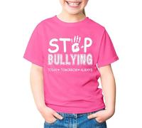 BIBOKAOKE Camiseta de manga corta para niña, cuello redondo, diseño de Stop Bullying y impresión de manos, camiseta de ocio para la escuela y el día a día