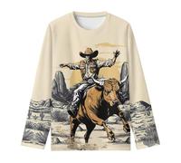BIBOKAOKE Camiseta de manga larga para niño con diseño occidental, camiseta genial para niño con vaquero en toro y paisaje del desierto, camiseta informal para aventuras y uso diario